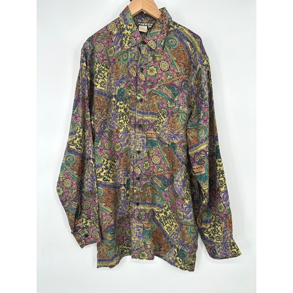 Vintage Fierce Silk Shirt Men M Psychedelic Paisley Button 90s Retro Maximalist